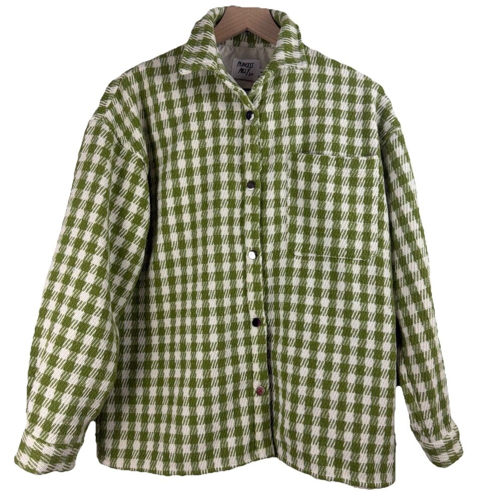 Princess Polly Green White Plaid Snap Jacket Women’s M/L Pockets